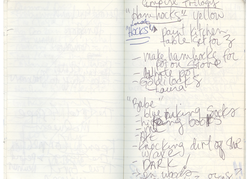 Background image for production credits page for "The Empire Trilogy" showing notes from working on the pieces.