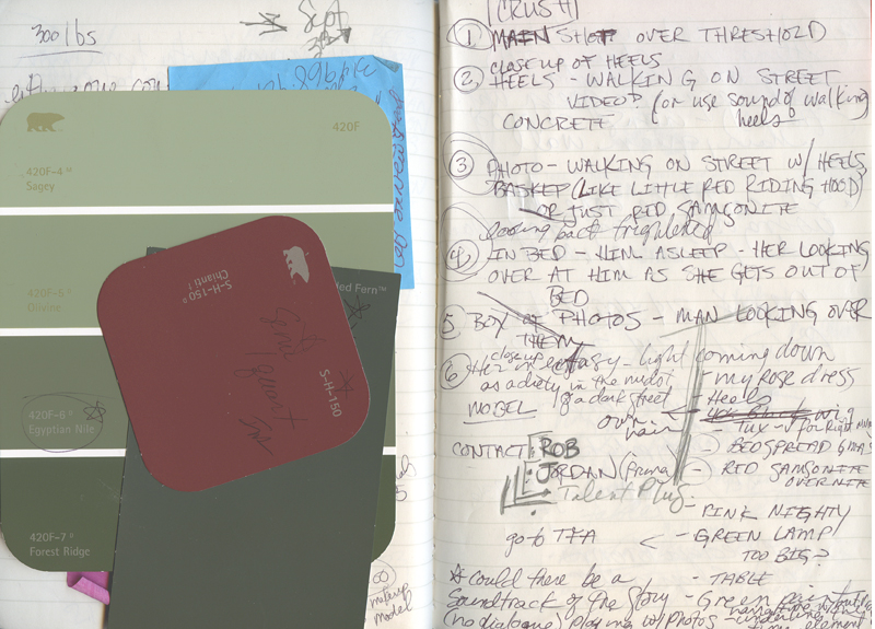 Background image for New Work production credits page showing notes taken while working on pieces.