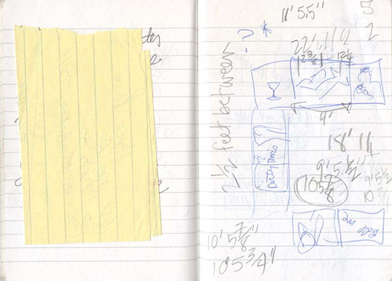 Background image for production credits page for "Untitled" series, showing notes taken while working on these pieces.